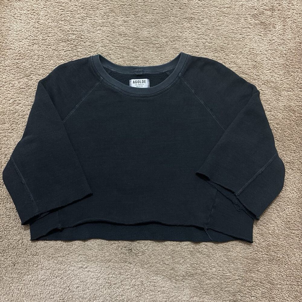Agolde Cropped Sweater Raw Hem Black Size Medium 3/4 Sleeve